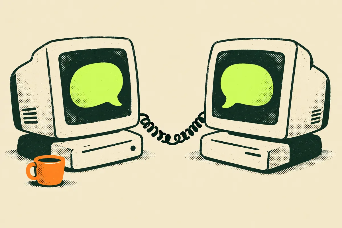 Two friendly old computers connected by a curly cable, each showing a speech bubble