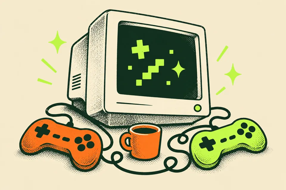 An old computer with two game controllers and a mug of coffee