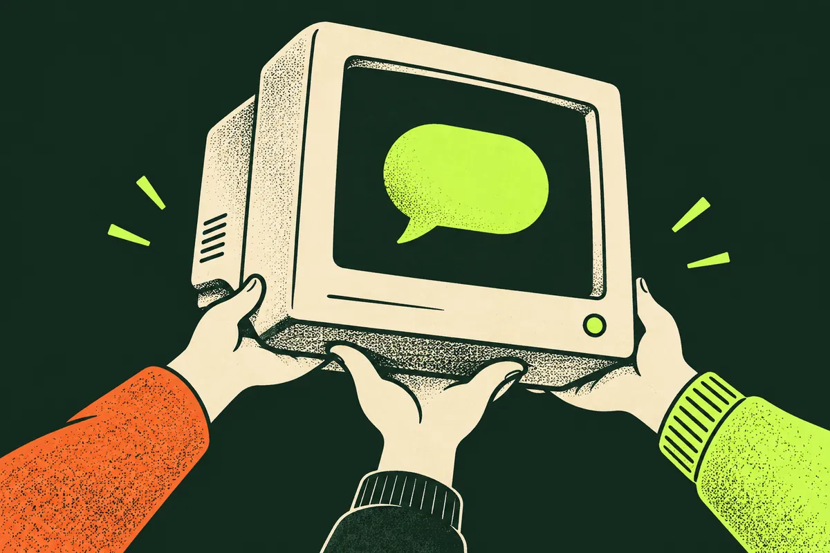 Three hands lifting an old computer monitor that shows a speech bubble