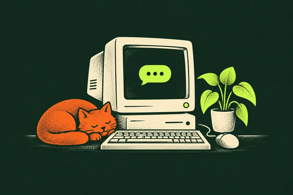 A cat asleep next to an old computer and a house plant