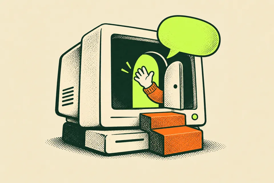 A hand waving from a little door inside an old computer screen, with steps leading up to it